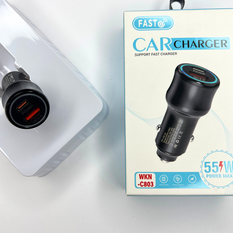شارژر فندکی ۵۵ وات FAST | QC4.0 + PD 30W | رینگ لایت دار