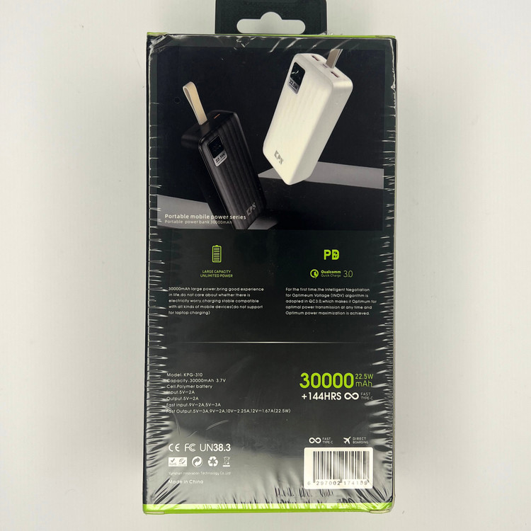 پاوربانک KPS ظرفیت 30000 میلیآمپر با شارژ سریع PD 22.5W