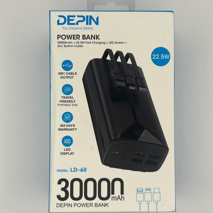 پاوربانک DEPIN مدل LD-60 ظرفیت 30000mAh با شارژ سریع 22.5W و کابل سرخود